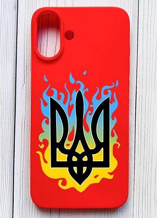 Матовый красный чехол на iphone 16 plus тризуб пламя (принт 257)