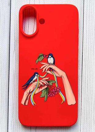 Матовий червоний чохол на iphone 16 plus ластівки (принт 15)