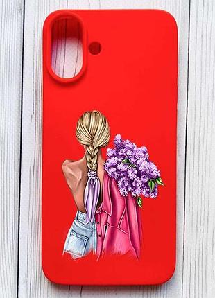 Матовый красный чехол на iphone 16 plus девушка с сиренью (принт 7)