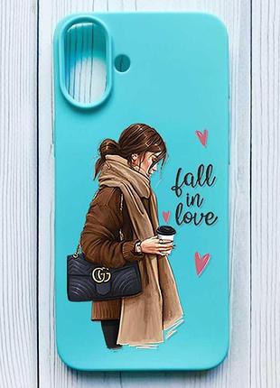 Матовый бирюзовый чехол на iphone 16 plus девушка с кофе (принт 112)