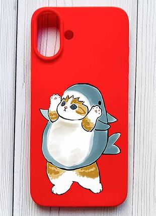 Матовый красный чехол на iphone 16 plus котенок акула (принт 379)