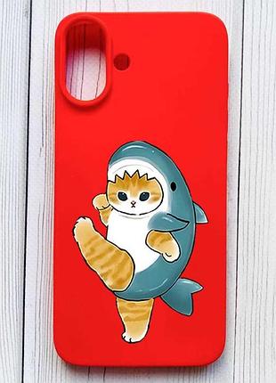 Матовый красный чехол на iphone 16 plus котенок акула (принт 380)
