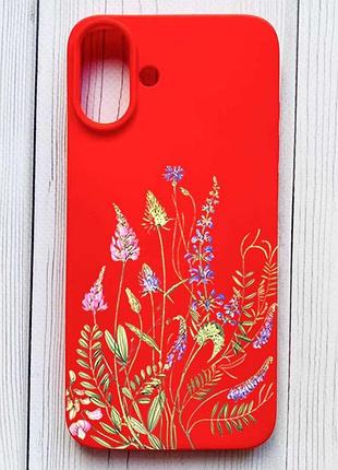 Матовий червоний чохол на iphone 16 plus квіткова ідилія (принт 382)