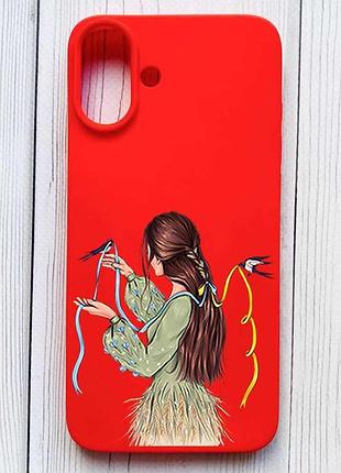 Матовый красный чехол на iphone 16 plus девушка с ласточками (принт 16)