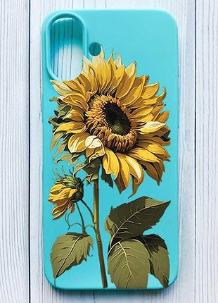 Матовый бирюзовый чехол на iphone 16 plus подсолнечник (принт 274)
