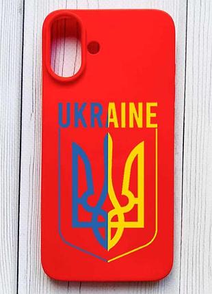 Матовый красный чехол на iphone 16 plus тризуб (принт 254)