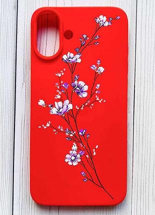 Матовий червоний чохол на iphone 16 plus гілочка квітів (принт 278)