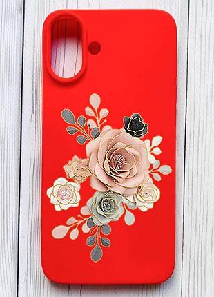Матовый красный чехол на iphone 16 plus розы (принт 275)