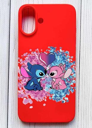 Матовый красный чехол на iphone 16 plus стич и ангел (принт 391)