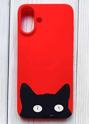 Матовый красный чехол на iphone 16 plus кошечка (принт 119)