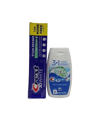 Зубна паста crest 3d white stain eraser, свіжа м'ята, 65 грам + рідка гелева зубна паста crest complete plus scope 3-in-1 м'ятна с