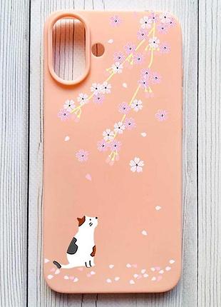Матовый персиковый чехол на iphone 16 plus котик и сакура (принт 283)