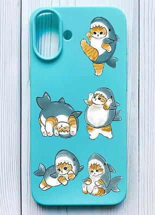 Матовый бирюзовый чехол на iphone 16 plus котенки акулы (принт 381)