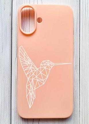 Матовый персиковый чехол на iphone 16 plus колибри (принт 123)