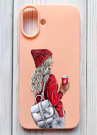 Матовый персиковый чехол на iphone 16 plus девушка с рюкзаком (принт 9)
