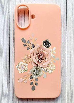 Матовый персиковый чехол на iphone 16 plus розы (принт 275)