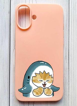 Матовый персиковый чехол на iphone 16 plus котенок акула (принт 376)