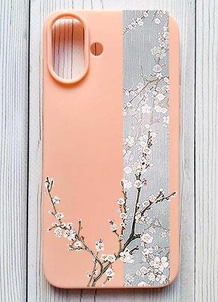 Матовый персиковый чехол на iphone 16 plus цветущая сакура (принт 285)
