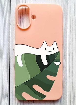 Матовый персиковый чехол на iphone 16 plus кот на листе (принт 367)