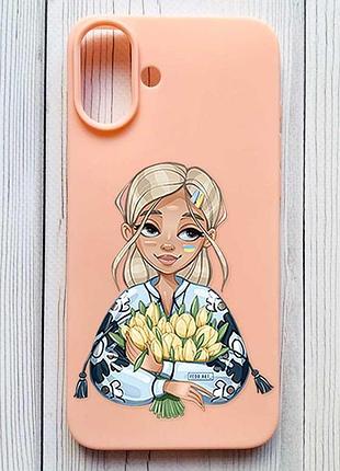 Матовий персиковий чохол на iphone 16 plus дівчина з тюльпанами (принт 23)