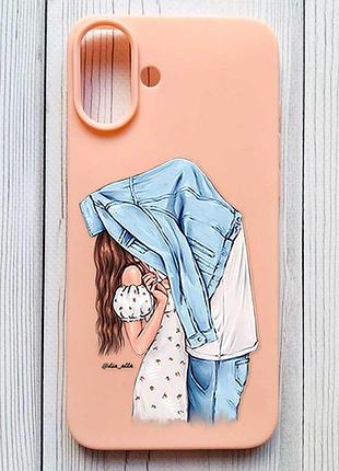 Матовый персиковый чехол на iphone 16 plus поцелуй (принт 33)