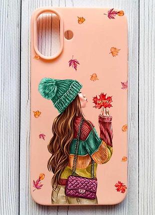 Матовый персиковый чехол на iphone 16 plus девушка с листьями (принт 221)