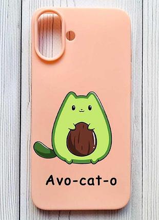 Матовый персиковый чехол на iphone 16 plus котик авокадо (принт 306)