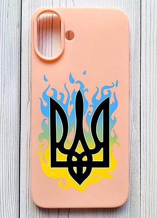 Матовый персиковый чехол на iphone 16 plus тризуб пламя (принт 257)