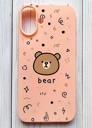 Матовый персиковый чехол на iphone 16 plus мишка (принт 76)