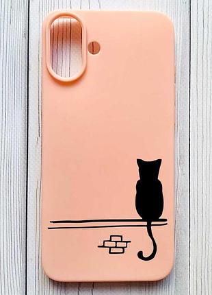 Матовый персиковый чехол на iphone 16 plus кот (принт 130)