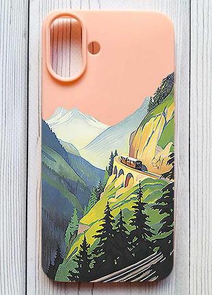 Матовый персиковый чехол на iphone 16 plus пейзаж. горы (принт 87)