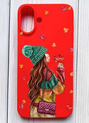 Матовый красный чехол на iphone 16 plus девушка с листьями (принт 221)