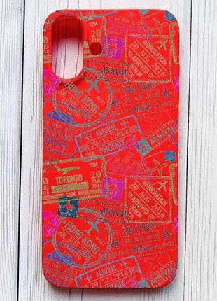 Матовый красный чехол на iphone 16 plus путешествия. штампы (принт 316)