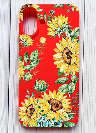 Матовый красный чехол на iphone 16 plus подсолнухи (принт 288)