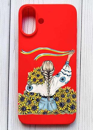 Матовый красный чехол на iphone 16 plus девушка с лентой (принт 25)