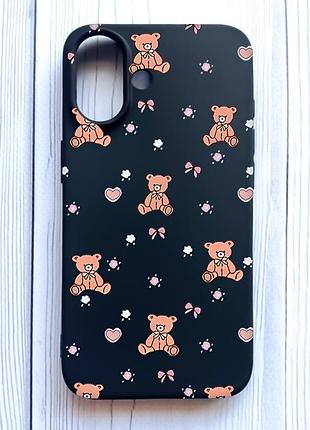 Матовый черный чехол на iphone 16 ведмежата (принт 418)