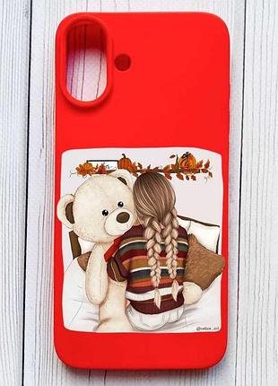 Матовый красный чехол на iphone 16 plus девочка с мишкой (принт 117)