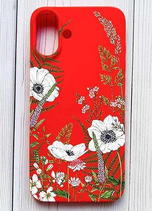Матовый красный чехол на iphone 16 plus цветы полевые (принт 363)