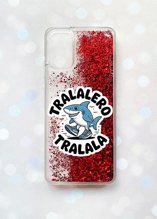 Чехол с плавающими красными блестками на samsung galaxy a02s акула тралалеро тралала (принт 416)