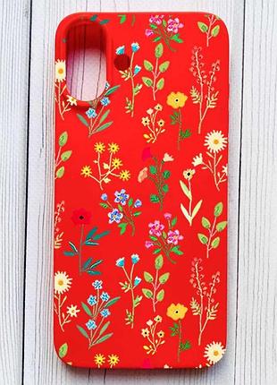 Матовый красный чехол на iphone 16 plus цветочный фон (принт 269)