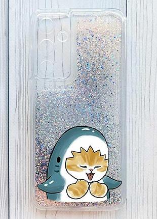 Чехол с плавающими серебряными блестками на samsung galaxy a35 котенок акула (принт 376)