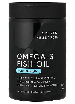 Рыбий жир 1250 мг из омега-3 sports research omega-3 fish oil triple strength тройная сила 90 капсул