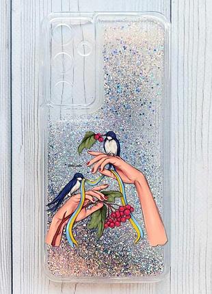 Чехол с плавающими серебряными блестками на samsung galaxy a15 ласточки (принт 15)