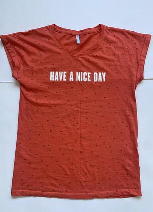 Детская коралловая футболка на девочку с надписью «have a nice day» котоновая