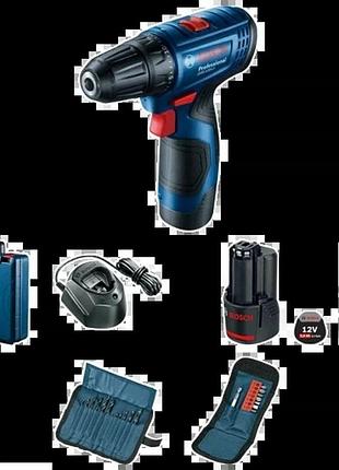 Bosch gsr 120-li (06019g8002) акумуляторний шурупокрут + 2 акб 2.0 ah + зу + набір біт 11 шт. + набір свердл 12 шт.