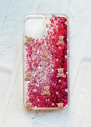 Чехол с плавающими розовыми блестками на iphone 13 ведмежата (принт 418)