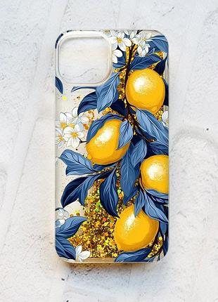 Чехол с плавающими золотыми блестками на iphone 14 лимонное дерево (принт 417)