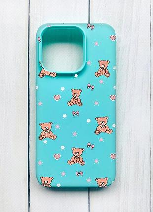 Матовий чохол на iphone 15 pro бірюзовий медвежата (принт 418)