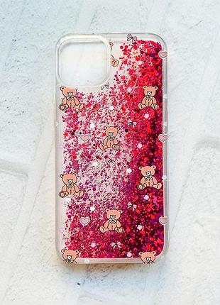 Чехол с плавающими розовыми блестками на iphone 14 ведмежата (принт 418)