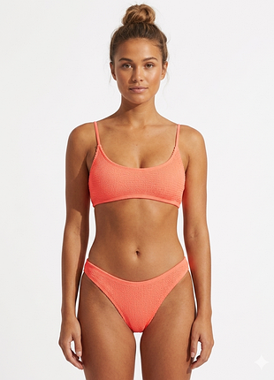 Яркий коралловый купальник жатка, раздельный купальник с высоким вырезом